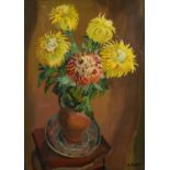 Harry Barr (1896-1987) Still life – yellow and orange chrysanthemums in a terracotta vase upon a