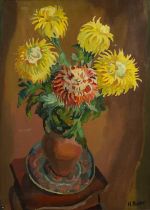 Harry Barr (1896-1987) Still life – yellow and orange chrysanthemums in a terracotta vase upon a