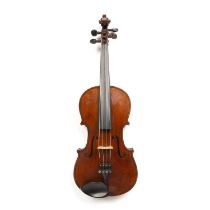 A German viola c.1900, of reddish brown colour with two piece back, 15 1/4", 38.7cm; with violin bow