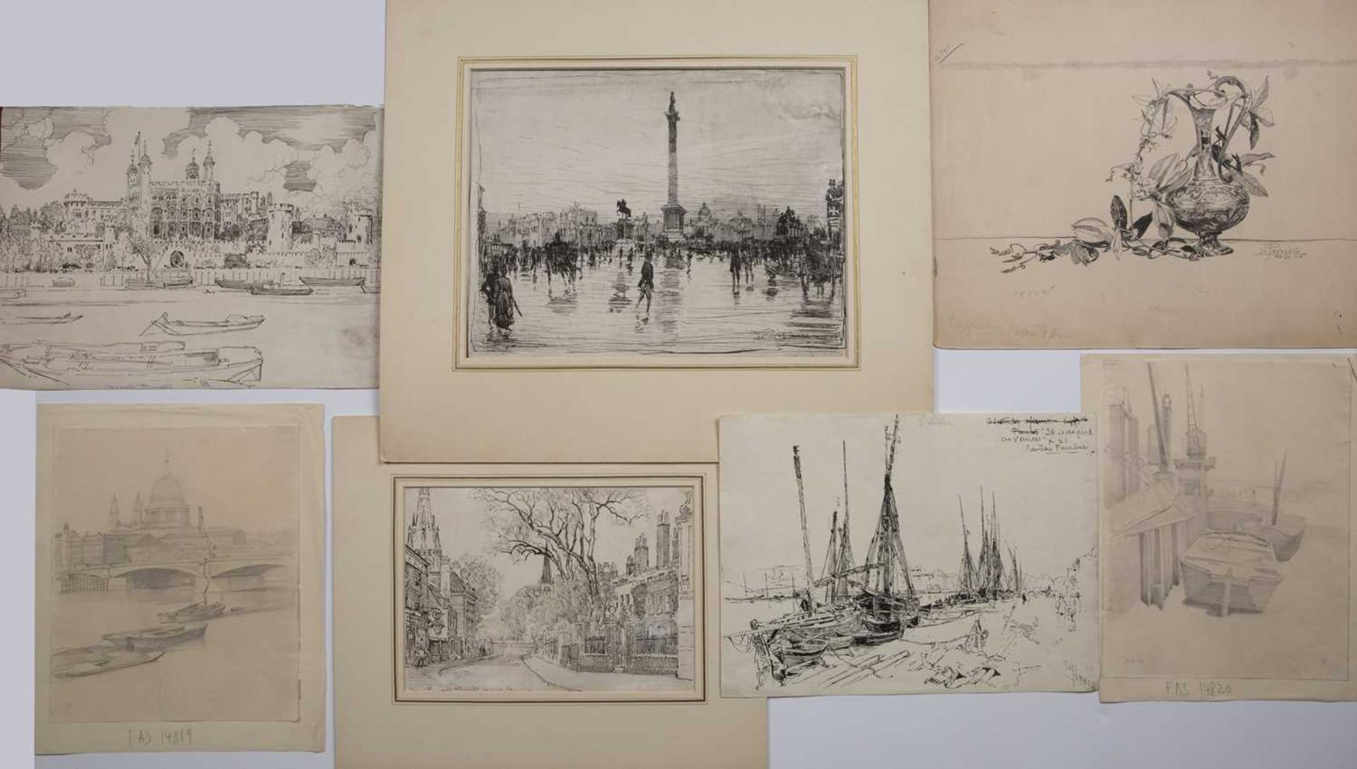 A collection of seven pen and ink or pencil works by Joseph Pennell (1858/60-1926) subjects to - Bild 2 aus 2