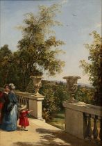 Attributed to George Hilditch (1803-1857) Figures on a terrace overlooking a landscape, oil on