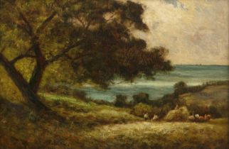 Percy Leslie Lara (b. 1871) Harvesting off the coast, signed, oil on canvas, 24.5 x 44.5cm