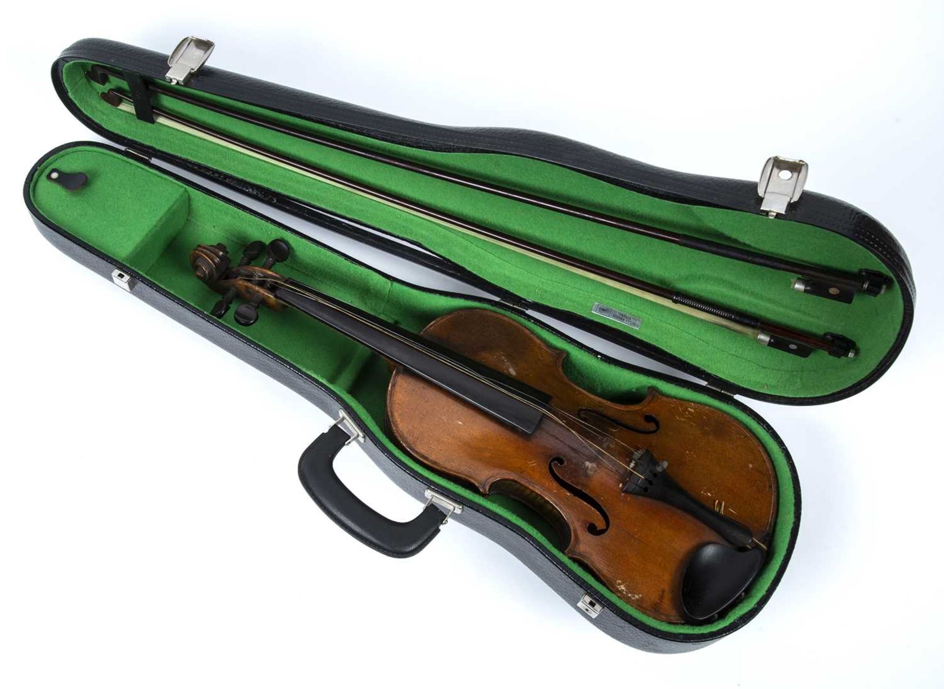 A 19th century violin with two piece back, 36cm; together with two bows, cased - Image 2 of 3