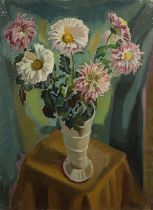 Harry Barr (1896-1987) Still life – pink dahlias and daisies in a white ceramic jug, oil on