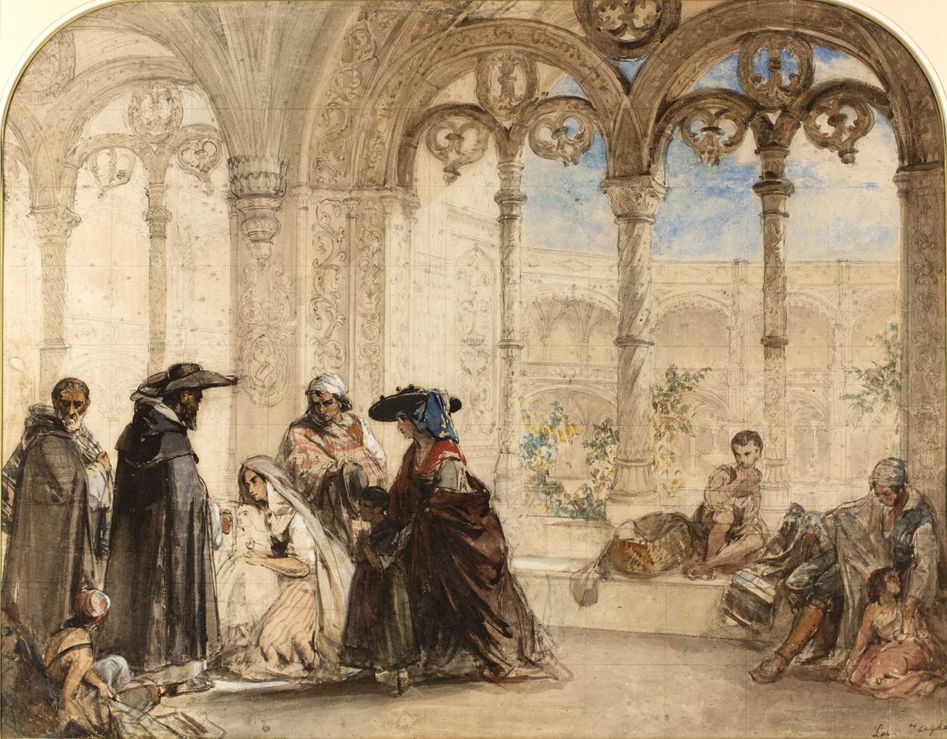 Louis Haghe (1806-1885) A Continental arched portico with priest administering to a child, signed,