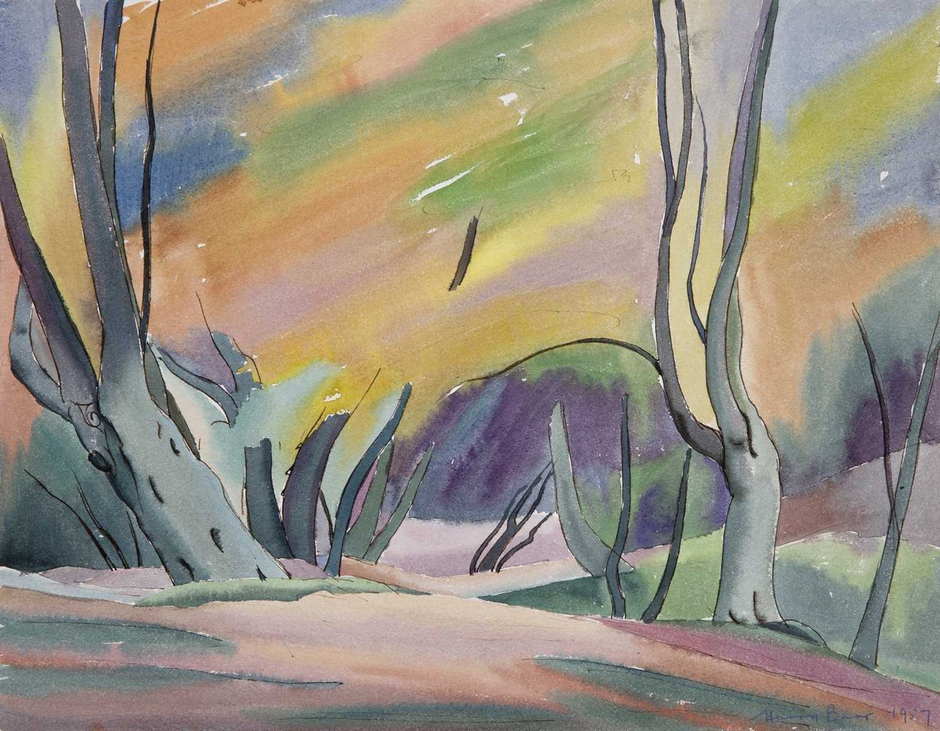 Harry Barr (1896-1987) Anthropomorphic study of trees, signed and dated 1957, ink and watercolour,