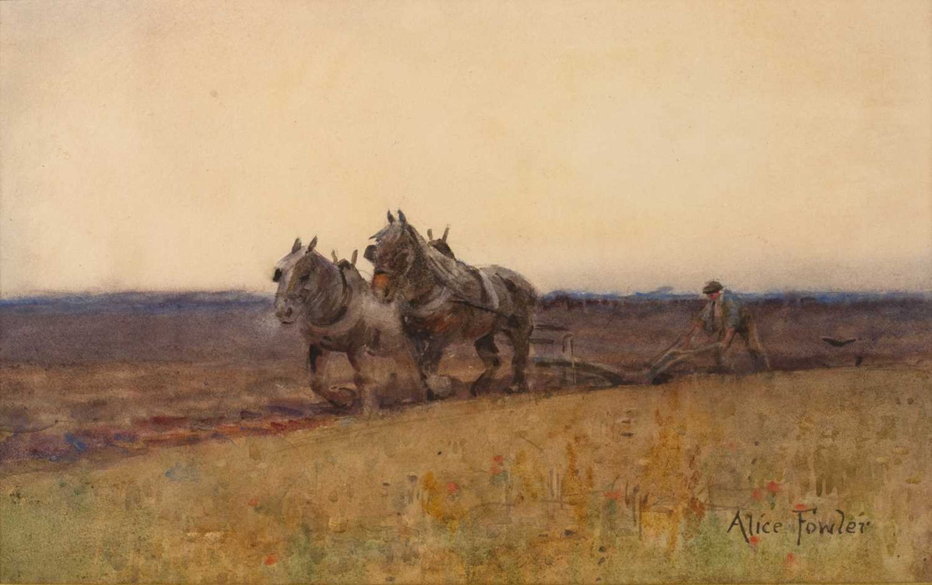 Alice Fowler (20th century) Ploughing the field, signed, watercolour, 19.5 x 31cm; and Follower of