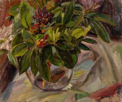 Harry Barr (1896-1987) Still life – rhododendron branches in a glass vase, oil on canvas, 51 x