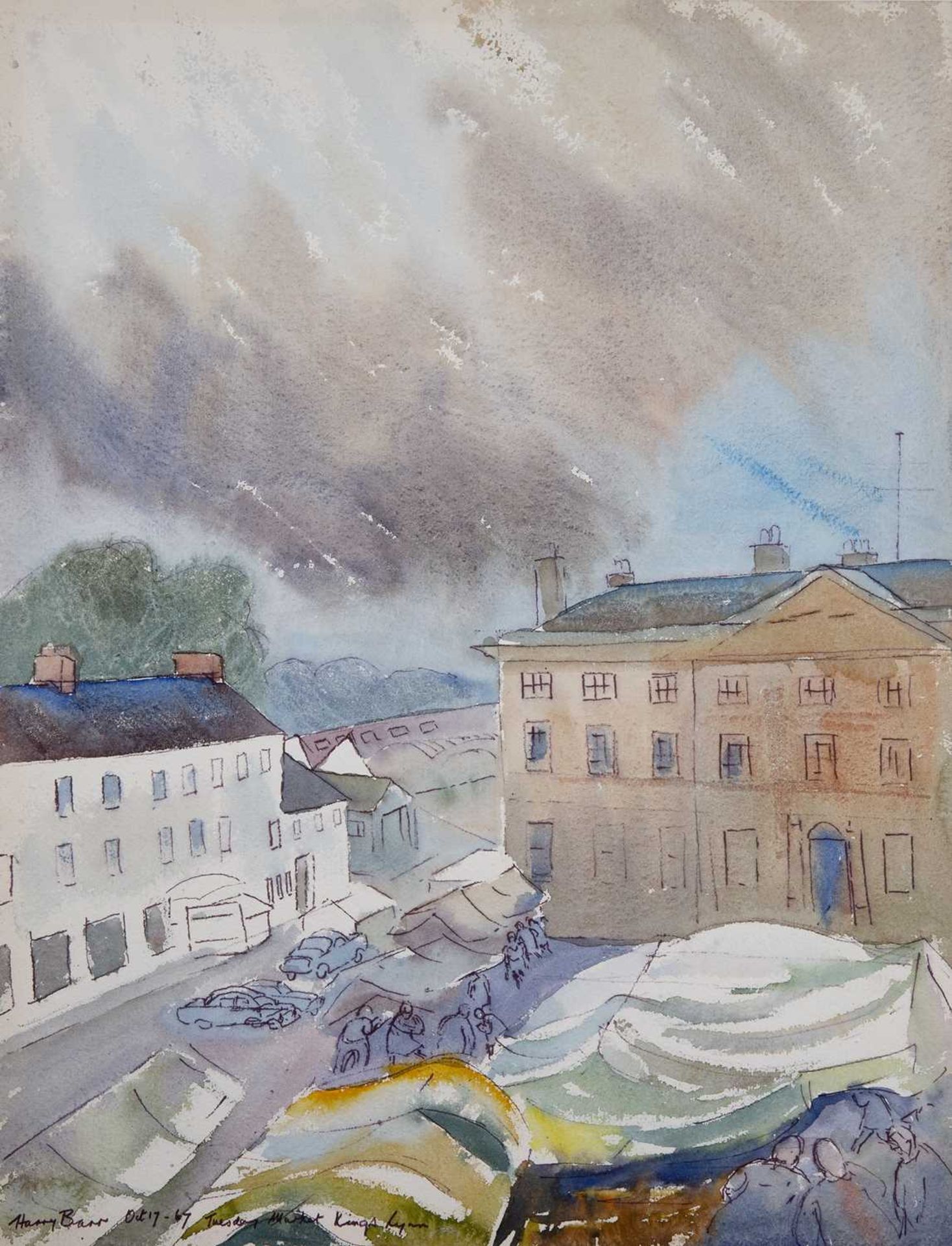 Harry Barr (1896-1987) Tuesday Market, Kings Lynn, signed and dated Oct 17-67 and inscribed, ink and