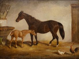 Follower of John Frederick Herring (1759-1865) A mare with foal in a stable, oil on canvas, 21 x