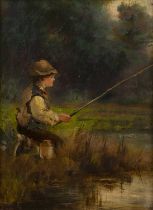 19th century English school A young boy fishing, oil on canvas, 19 x 14cm
