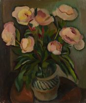 Harry Barr (1896-1987) Still life – a stoneware vase of pink peonies, oil on canvas, 61 x 51cm;