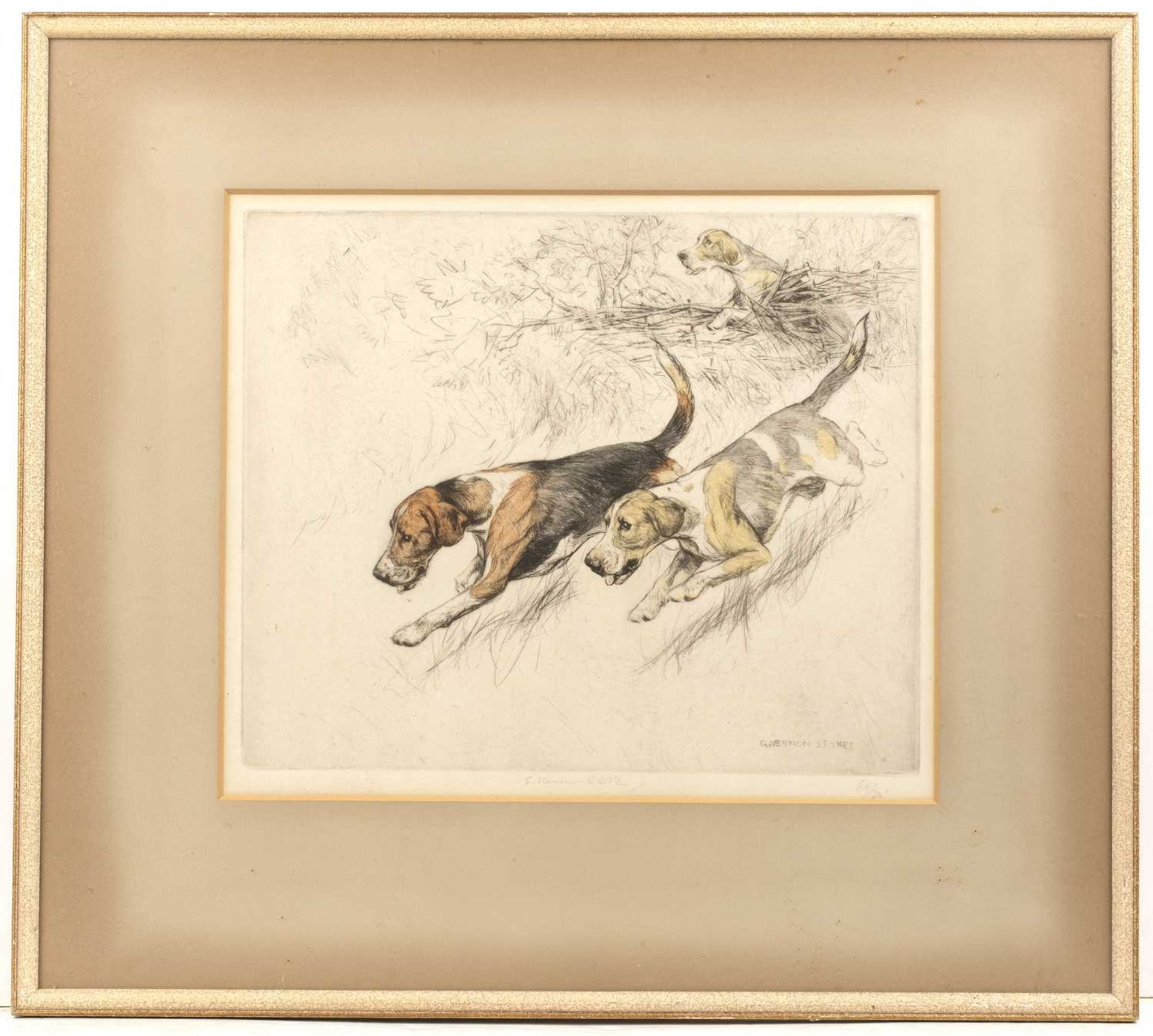 George Vernon Stokes (1873-1954) On the scent, hand-coloured, etching, signed and numbered 66/75 - Image 5 of 6