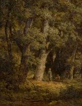 Jan Willem van Borselen (1825-1892) Figures in a wooded glade, signed, oil on canvas, 38 x 30cm