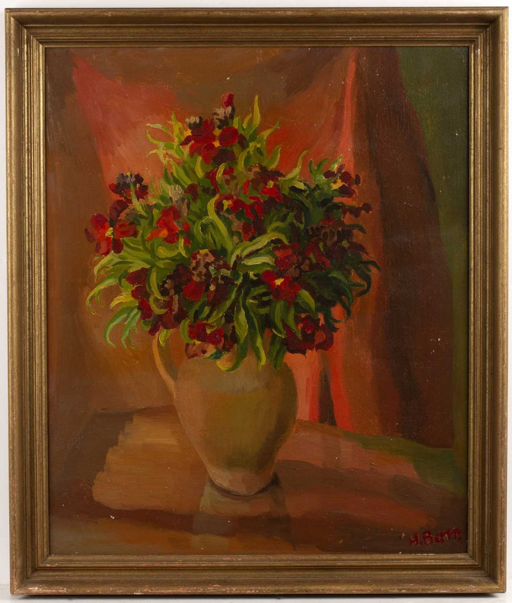 Harry Barr (1896-1987) Still life – red flowers in an earthenware vase, signed, oil on canvas, 60 - Image 2 of 3