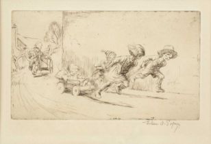 Eileen Soper (1905-1990) 'The Wheelbarrow Race', etching, pencil signed in the margin, 10 x 17.