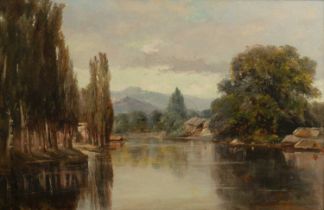 19th century Continental school A mountainous river landscape with dwellings on the river bank,