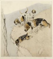 George Vernon Stokes (1873-1954) Beagles on a cliffs edge, signed and numbered 38/75 in pencil to