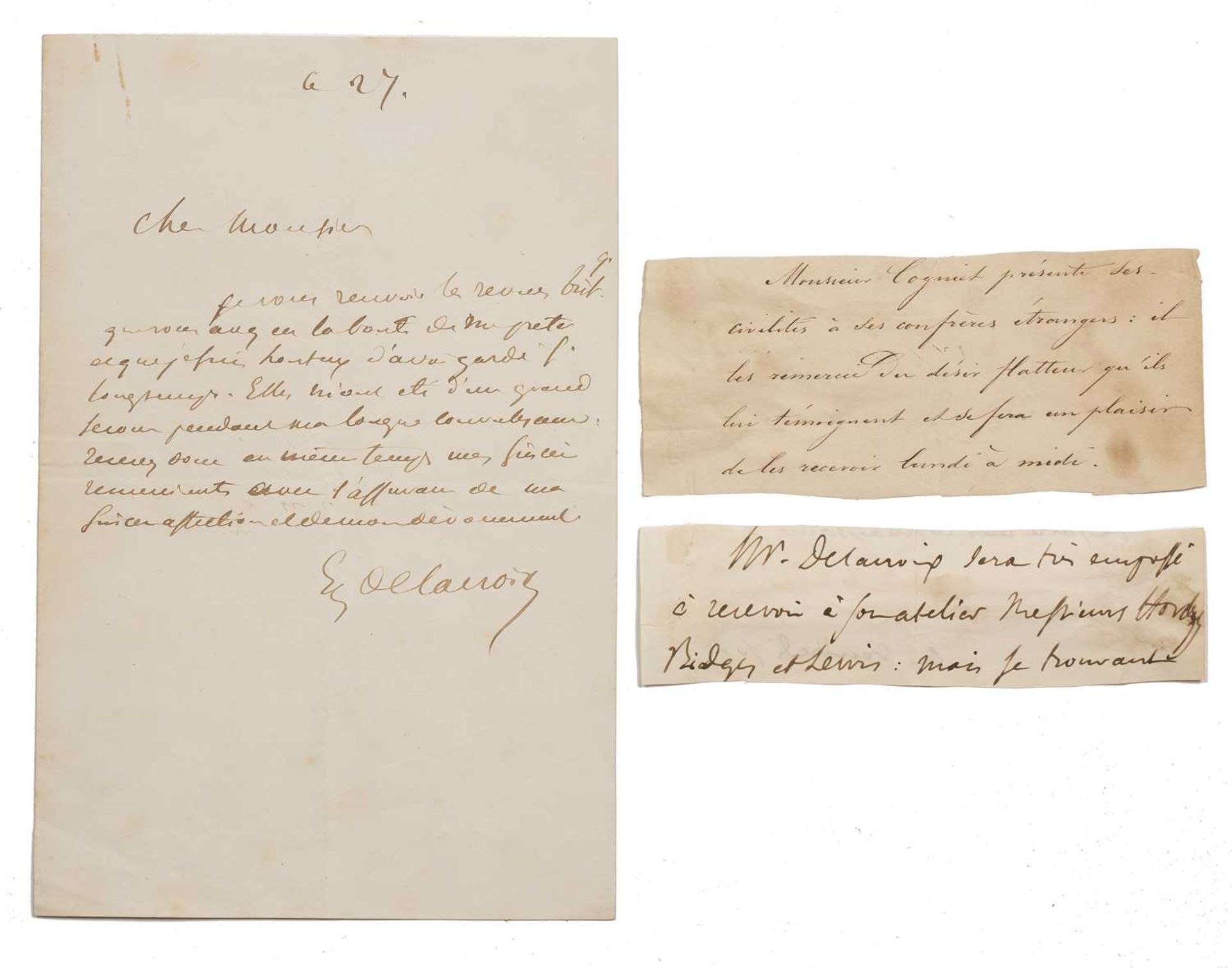 Delacroix, Eugene A letter dated 'Le 27', 21 x 27cm; together with two letter strips (3) From the