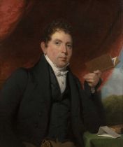 Circle of John Jackson (1778-1831) Portrait of a gentleman at a table and holding a book, oil on
