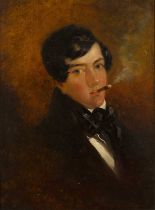 19th century English school Portrait of a young man smoking, possibly Oscar Wilde, 29 x 21.5cm
