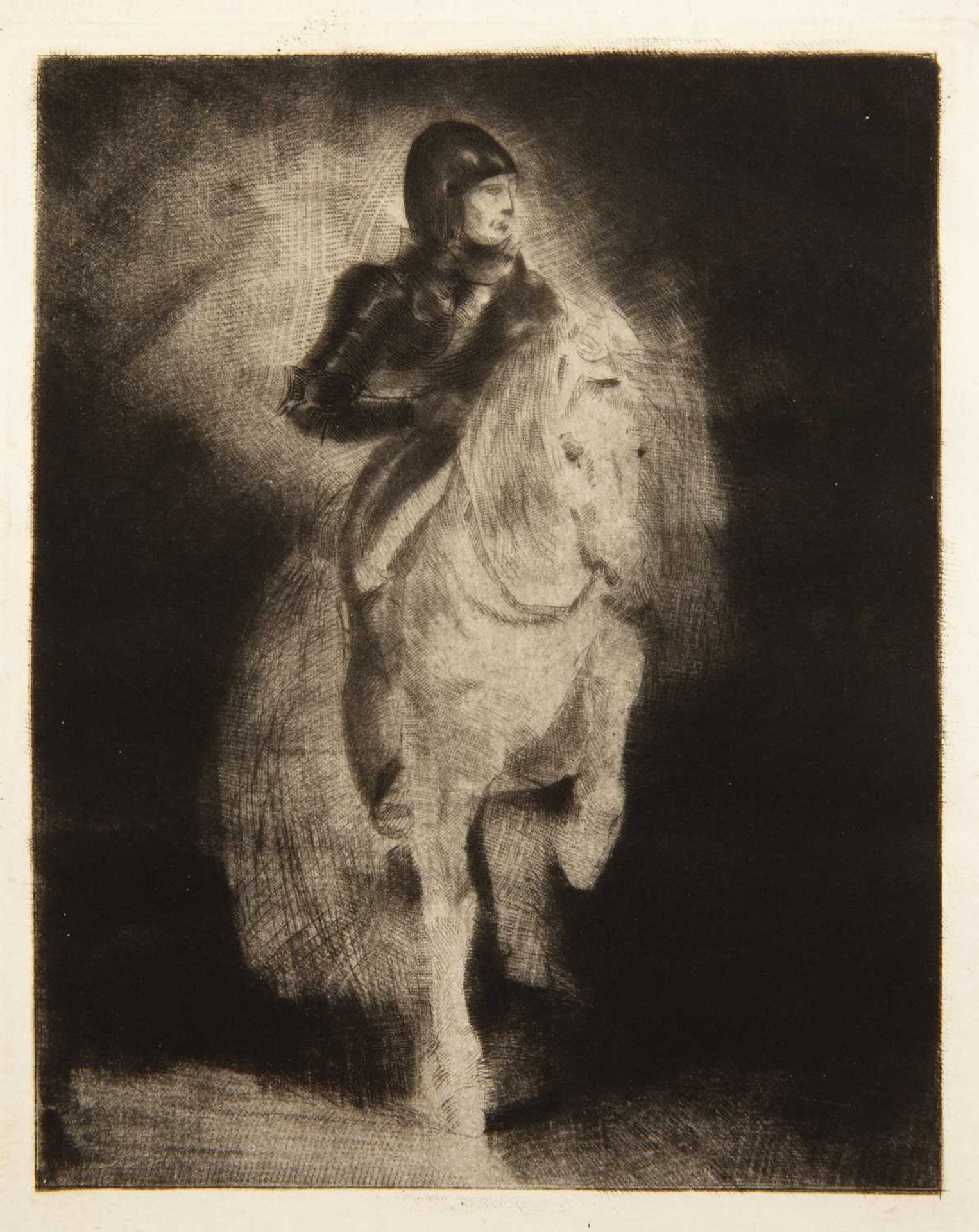 Frederick Villot after Delacroix 'Cavalier', etching, 16 x 12cm; another - two figures at a square