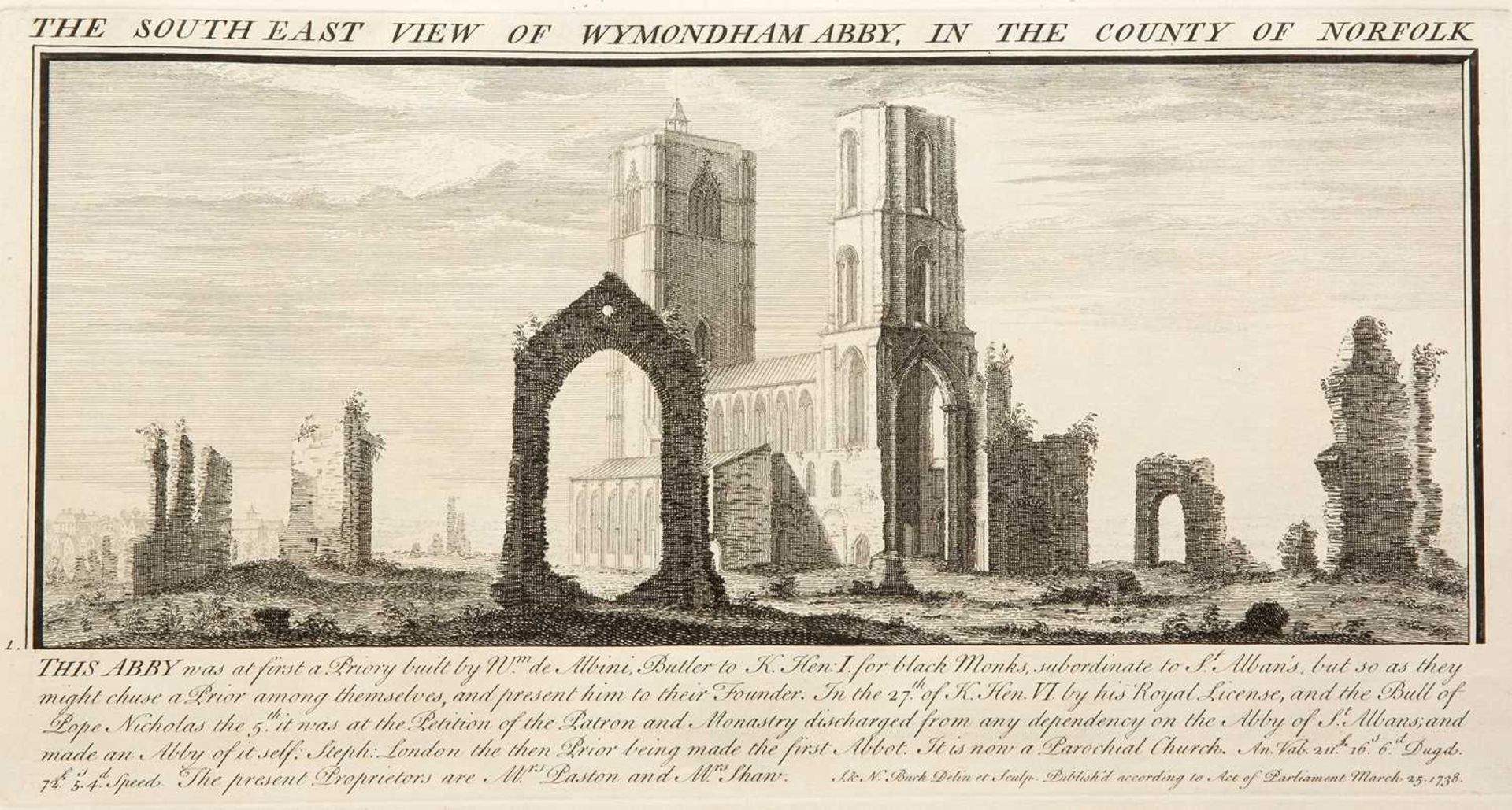 Samuel and Nathaniel Buck The South East View of Wymondham Abbey, in the County of Norfolk, etching,