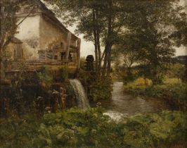 19th century French school The old watermill, indistinctly signed, oil on canvas, 30 x 38.5cm