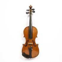 A 19th century German quarter size violin, of golden brown colour, with floral purflay inlay to