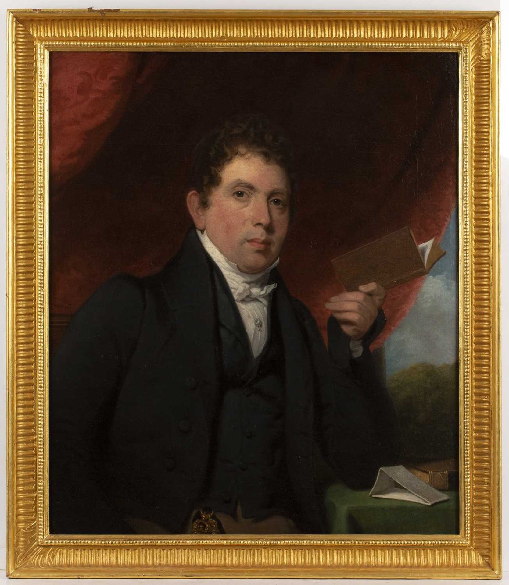 Circle of John Jackson (1778-1831) Portrait of a gentleman at a table and holding a book, oil on - Image 2 of 3