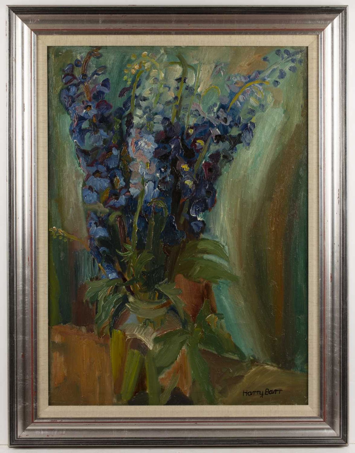 Harry Barr (1896-1987) Still life – delphiniums in a glass jar, signed, oil on canvas, 75 x 54cm - Bild 2 aus 3