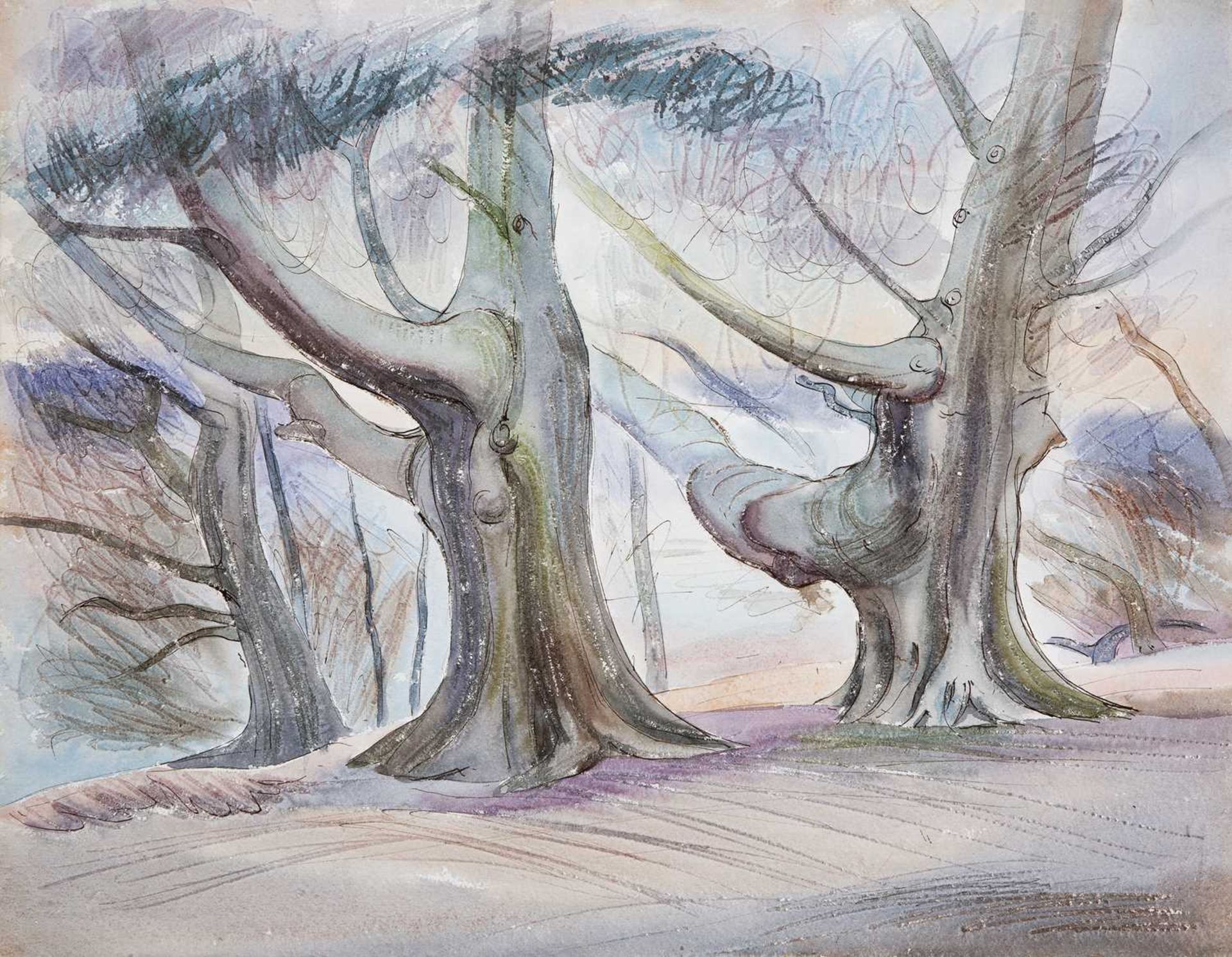 Harry Barr (1896-1987) Anthropomorphic tree studies, ink and watercolour with scratching, 38.5 x