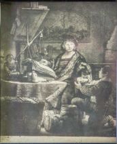 After Rembrandt Jan Uytenbogaert the Goldweigher, monochrome print, 23 x 19cm; and five further to