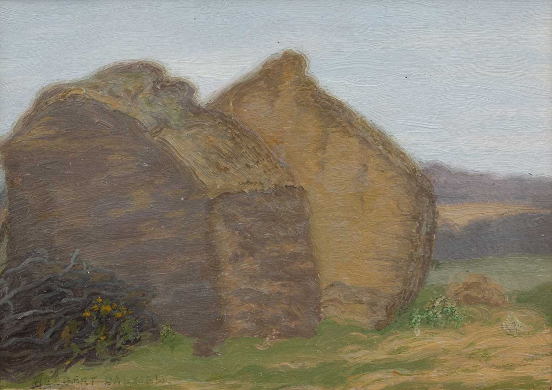 Herbert Dalziel ( 1858-1941) Landscape with barns, signed, oil on board, 11 x 15cm