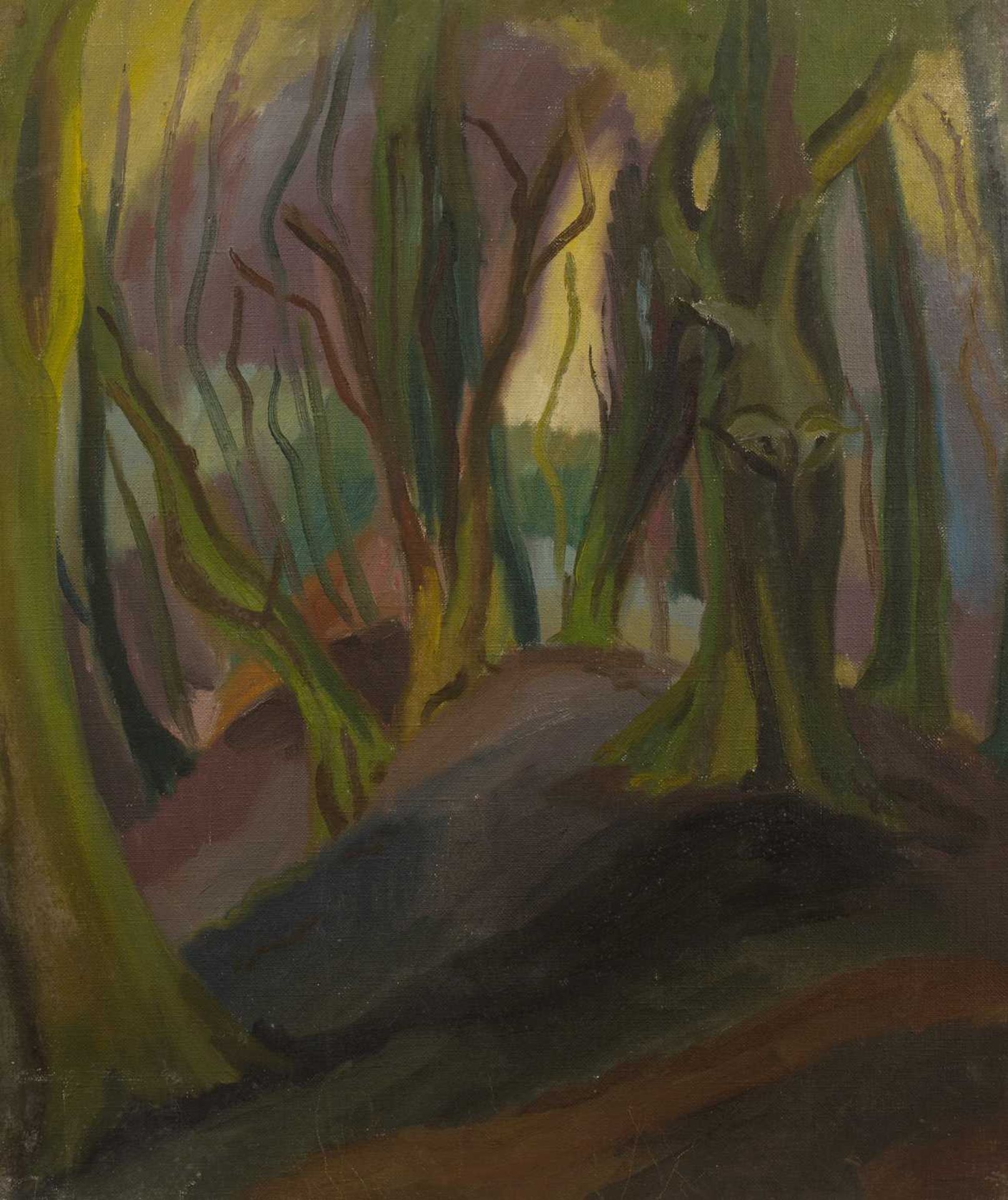 Harry Barr (1896-1987) Hillside with trees, oil on canvas, 66 x 56cm, and two further woodland