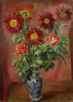 Harry Barr (1896-1987) Still life – a Chinese vase with roses and red asters, oil on canvas, 76 x