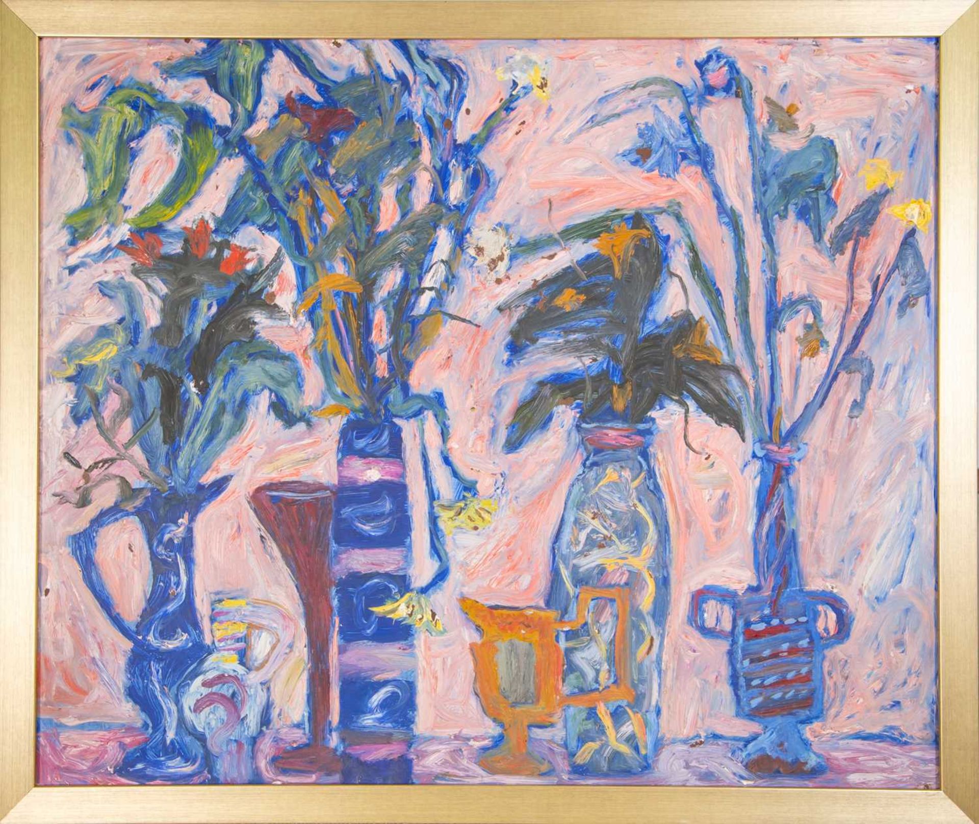 20th century British school Still life - vases with flowers against a cerise backdrop, oil on board, - Bild 3 aus 3