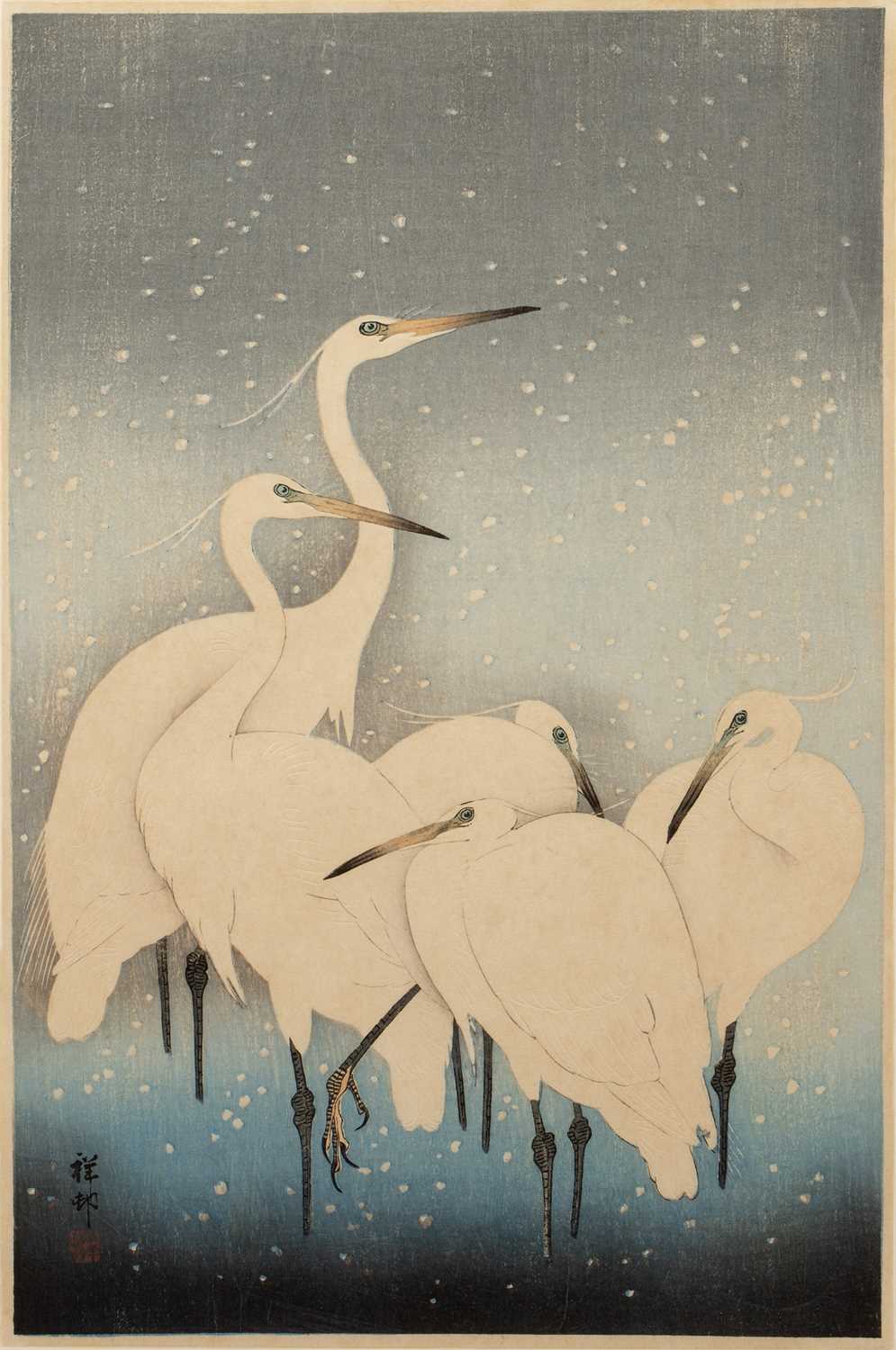 Ohara Koson (1877-1945) Egrets, woodblock, signed with seal, 36.5 x 24cm Good condition, minor