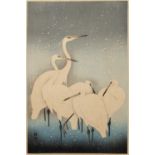Ohara Koson (1877-1945) Egrets, woodblock, signed with seal, 36.5 x 24cm Good condition, minor