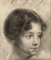 19th century English school Head and shoulders study of a young lady wearing lace collar and bonnet,