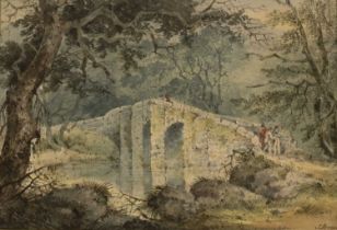 Samuel Prout (1783-1852) Landscape with figures crossing an arched stone bridge, signed,