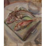 Harry Barr (1896-1987) Still life – two fish on a dish, oil on canvas, 61 x 51cm Upper right corners
