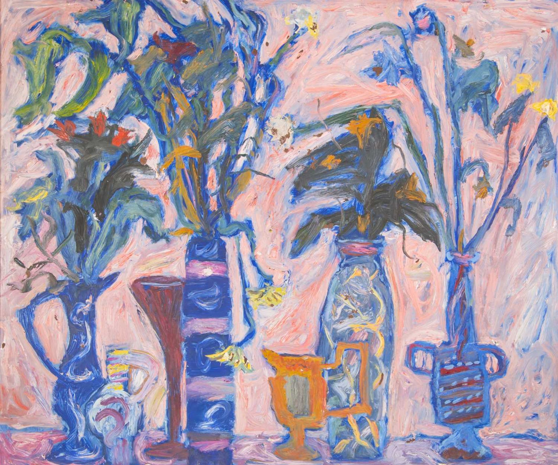 20th century British school Still life - vases with flowers against a cerise backdrop, oil on board,