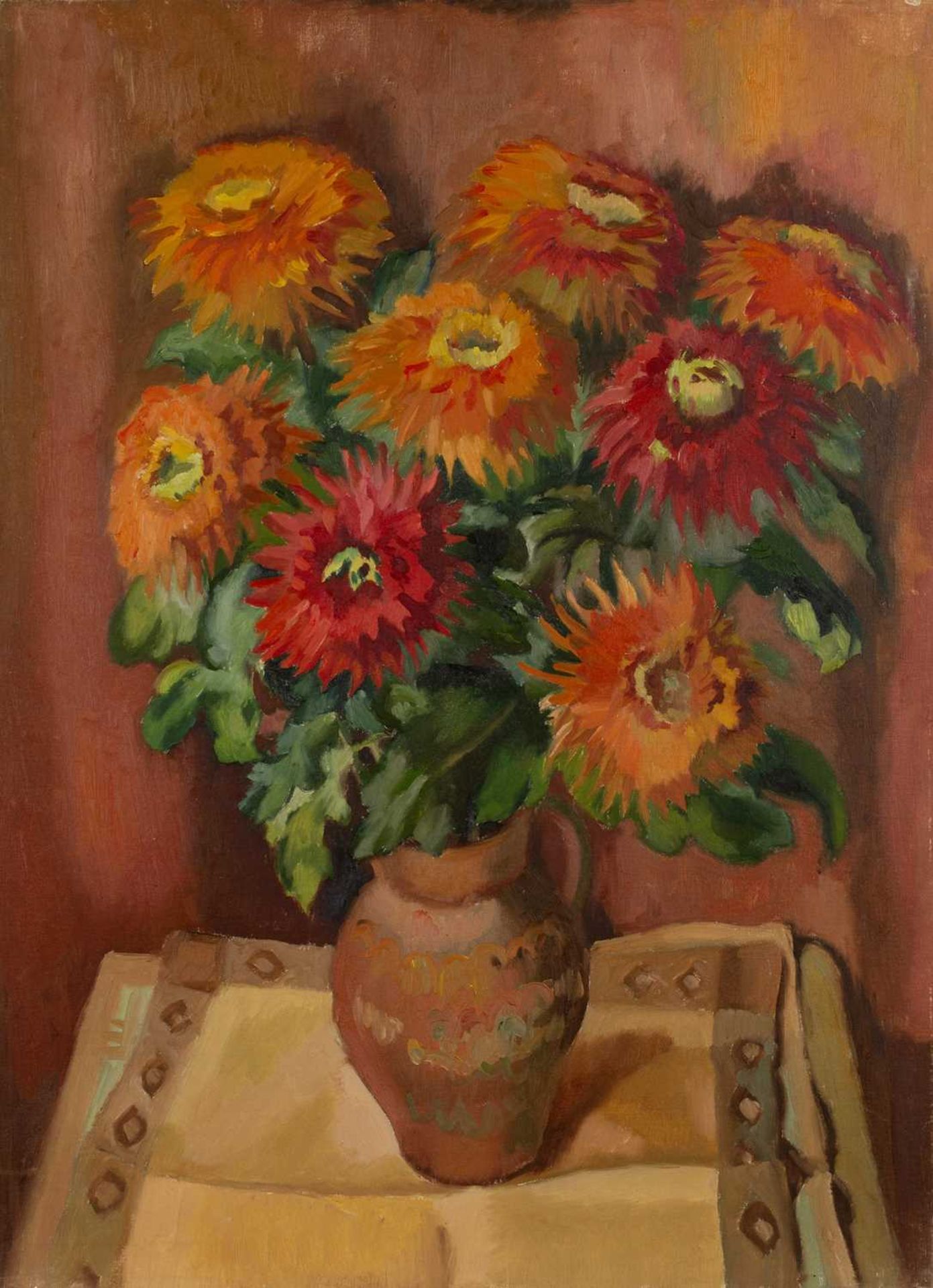 Harry Barr (1896-1987) Still life – red and orange dahlias in a terracotta vase, oil on canvas, 76 x