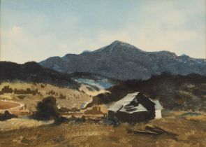 John Clifford Pellow (American 1903-1993) A derelict barn in a landscape with mountain range,