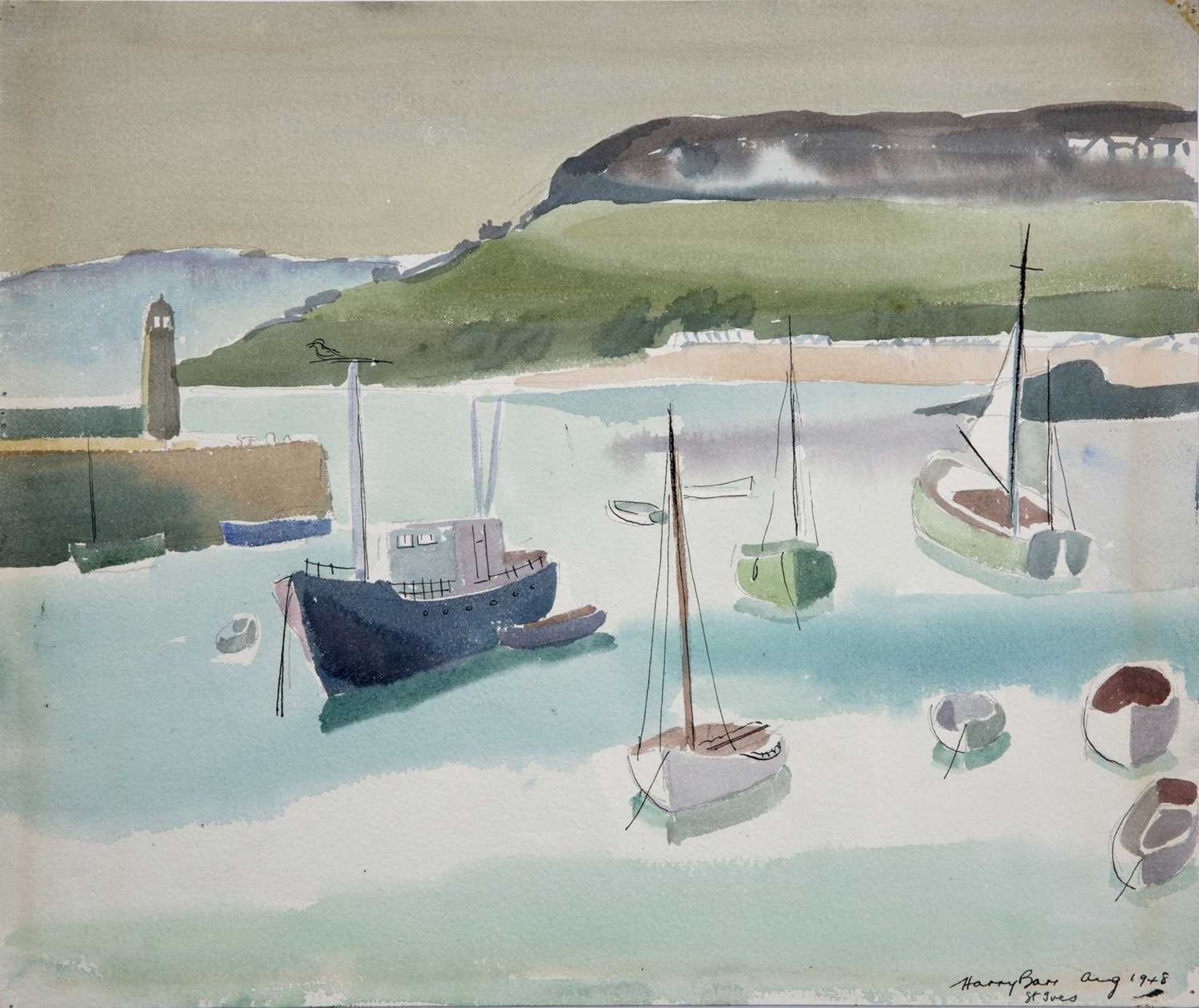 Harry Barr (1896-1987) St Ives – sailing boats, signed and dated Aug 1948 and inscribed, ink and
