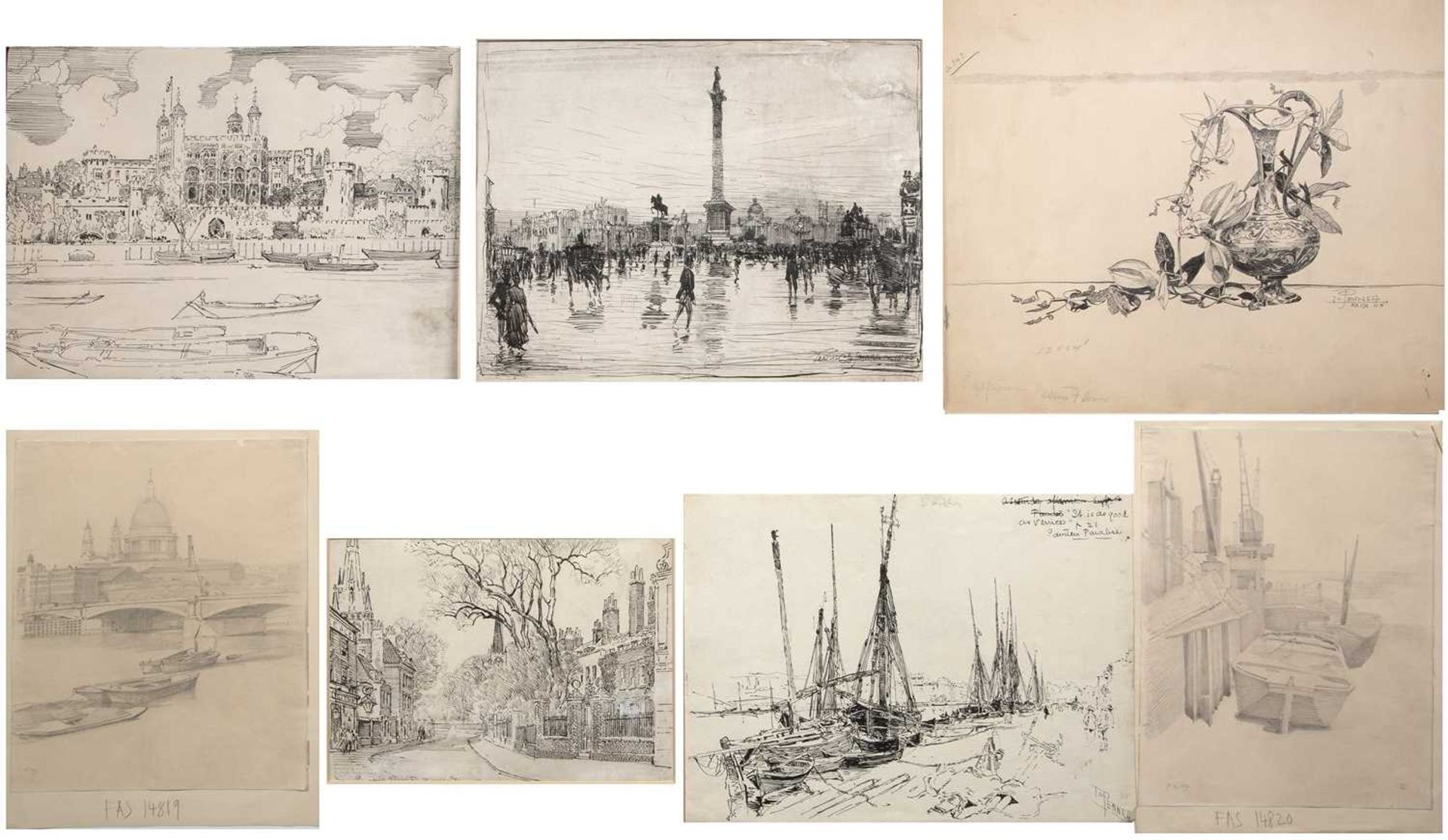 A collection of seven pen and ink or pencil works by Joseph Pennell (1858/60-1926) subjects to