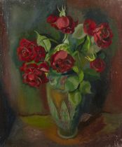 Harry Barr (1896-1987) Still life – red roses in a pottery vase, oil on canvas, 61 x 51cm; and