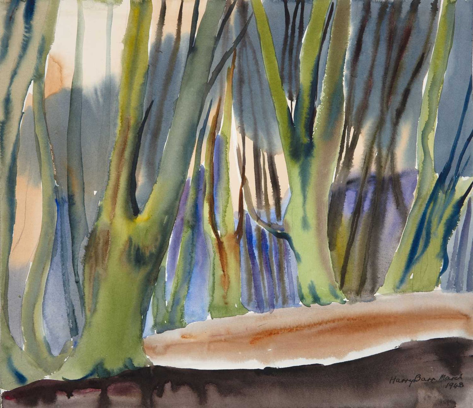 Harry Barr (1896-1987) Woodland study, signed and dated March 1948, watercolour, 35.5 x 40.5cm;