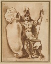 Circle of Domenico Piola (Italian, 1627-1703) A seated Roman soldier, holding a shield and staff,